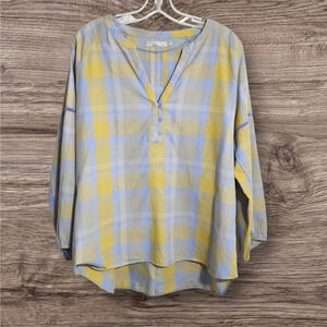 PrAna Elena popover yellow & blue plaid vneck button front shirt woman's size XL